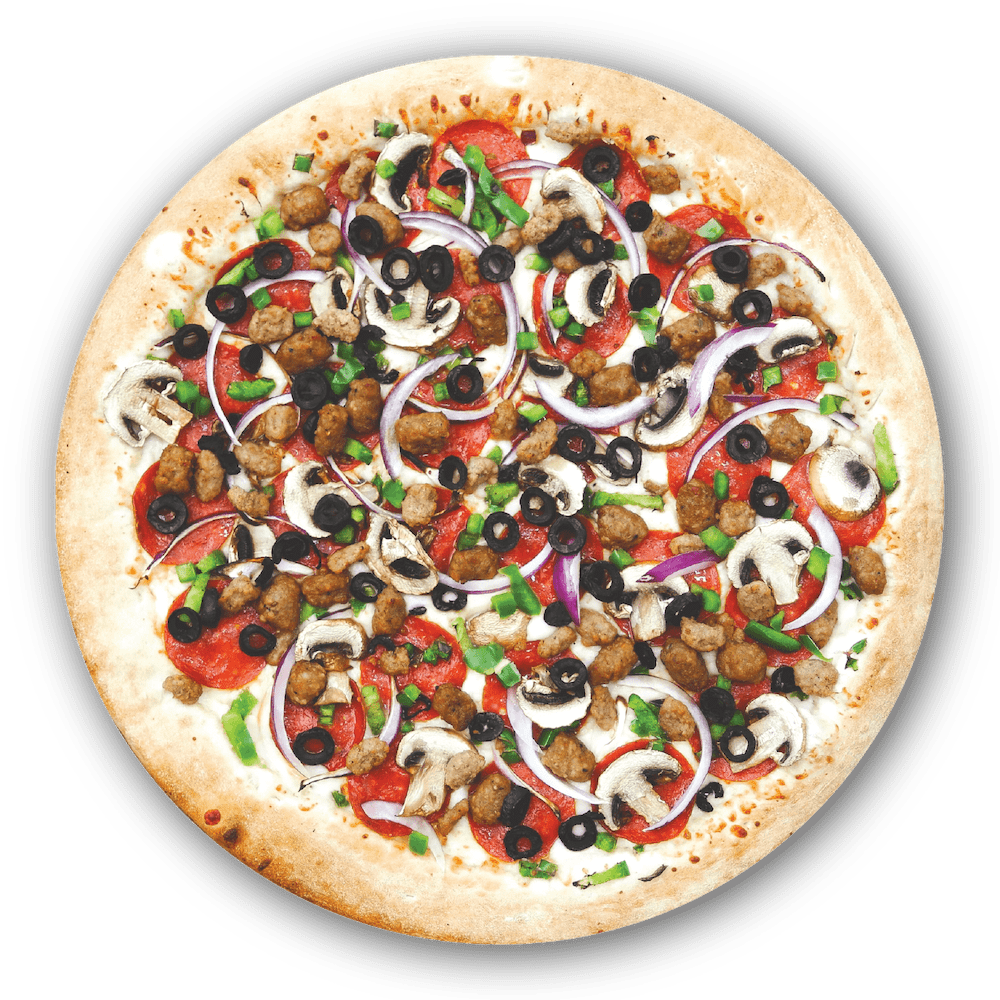 Supreme Pizza Marinara Sauce, Mozzarella Cheese, Pepperoni , Beef, Sausage, Mushrooms, Bell Peppers, Onions, Olives