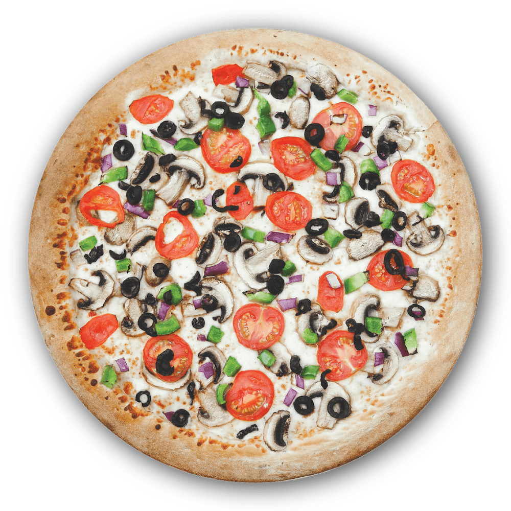 Veggie Pizza Marinara Sauce, Mozzarella Cheese, Mushrooms, Bell Peppers, Onions, Olives, Tomatoes