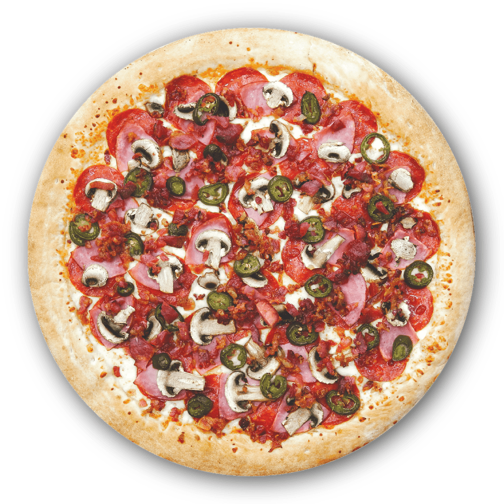 HELLO Pizza Marinara Sauce, Mozzarella Cheese, Pepperoni , Ham, Mushrooms, Bacon , Jalapeños