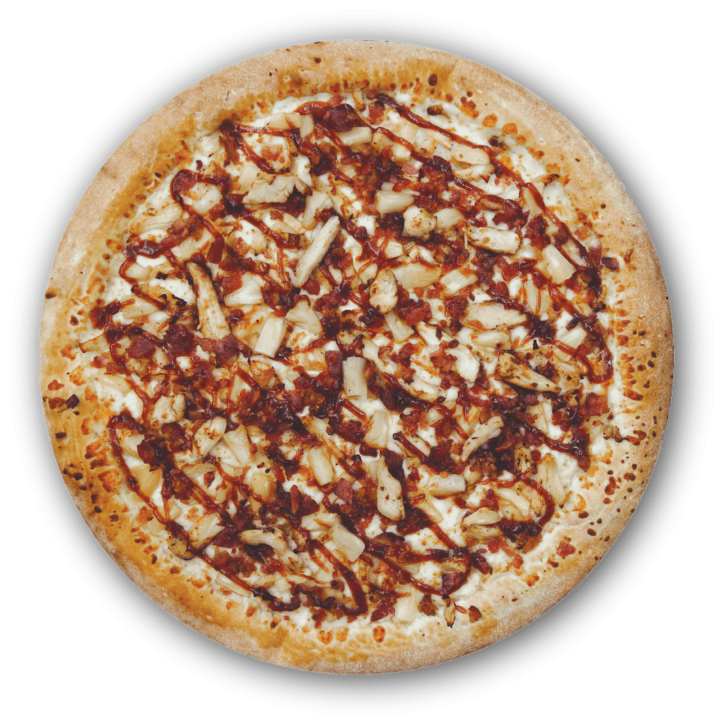 BBQ Chicken Pizza Barbecue Sauce, Mozzarella Cheese, Chicken, Bacon, Pineapple, Topped With Barbecue Sauce
