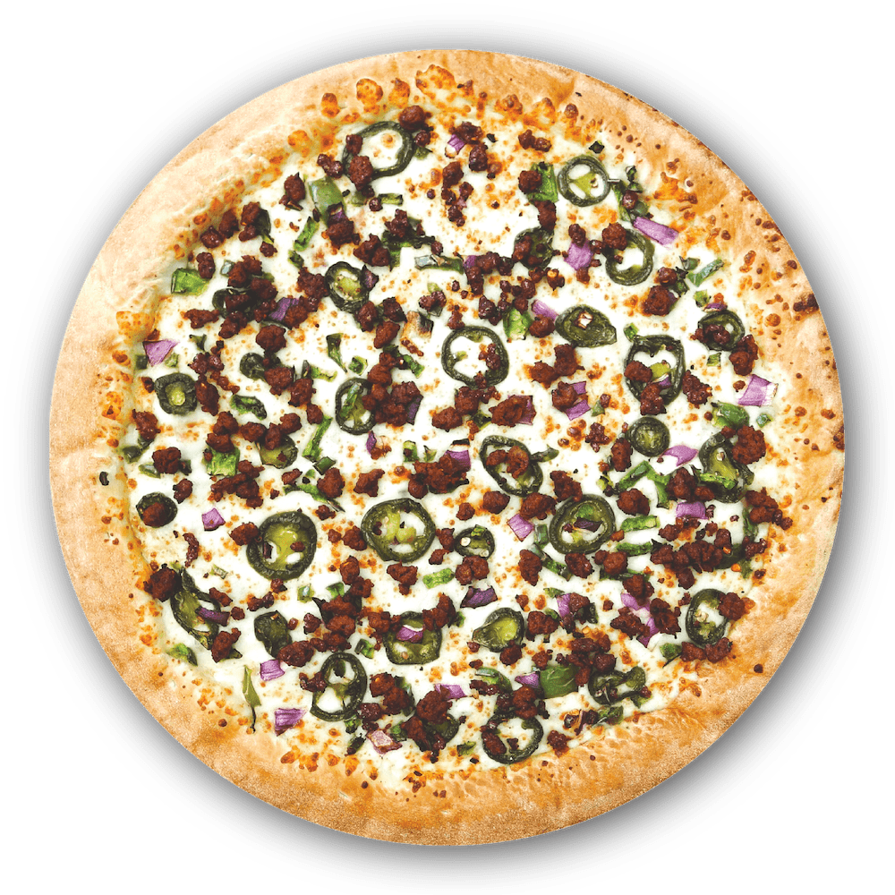 Fiesta Pizza Refried Beans, Mozzarella Cheese, Chorizo, Jalapeños, Bell Peppers, Onions